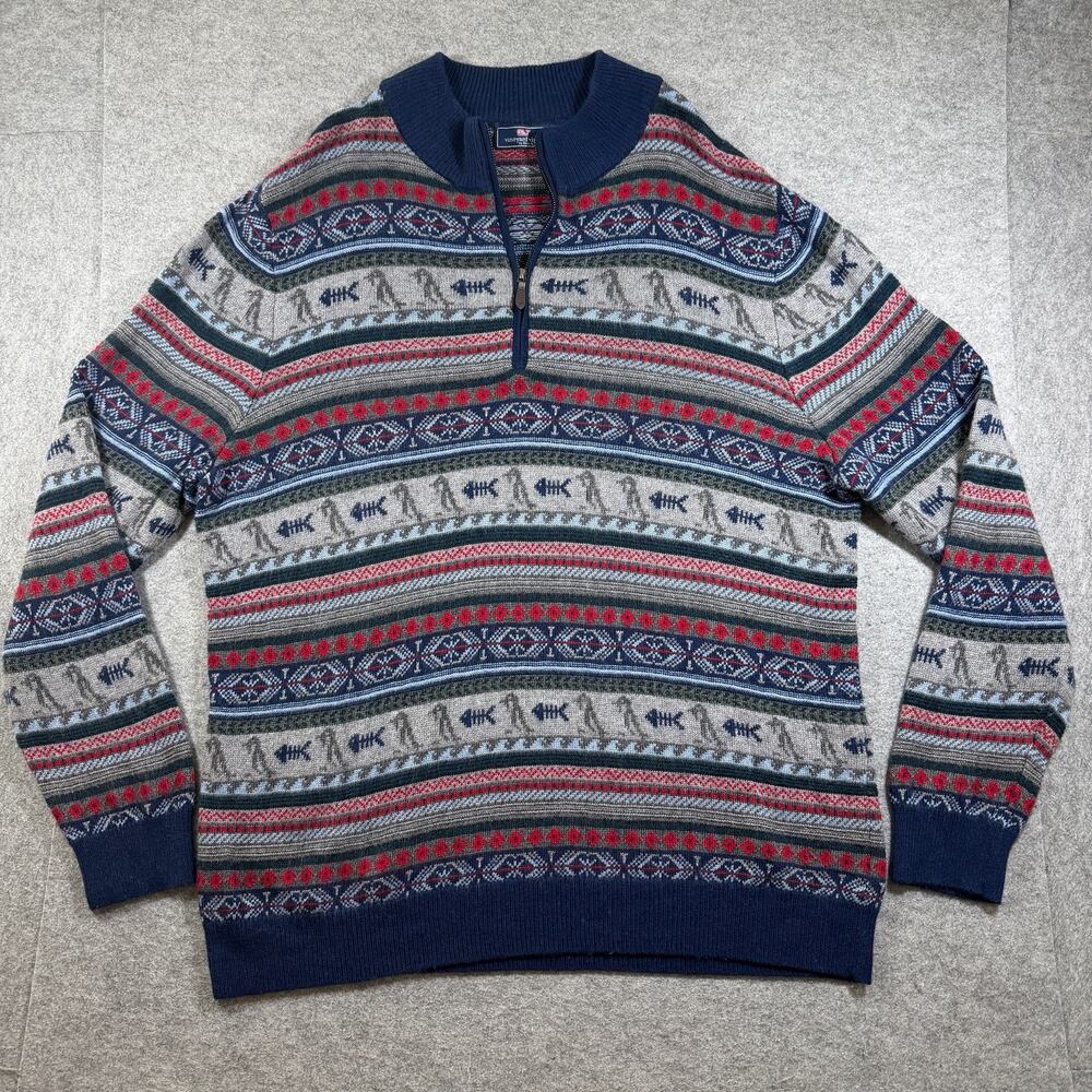 Vineyard Vines Knit Sweater Wool & Alpaca Blend Mens XL Navy Fair Isle 1/4 Zip